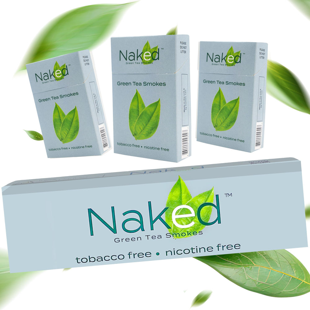 NAKED Green Tea Cigarettes COOL carton front view, no nicotine, tea-based option
