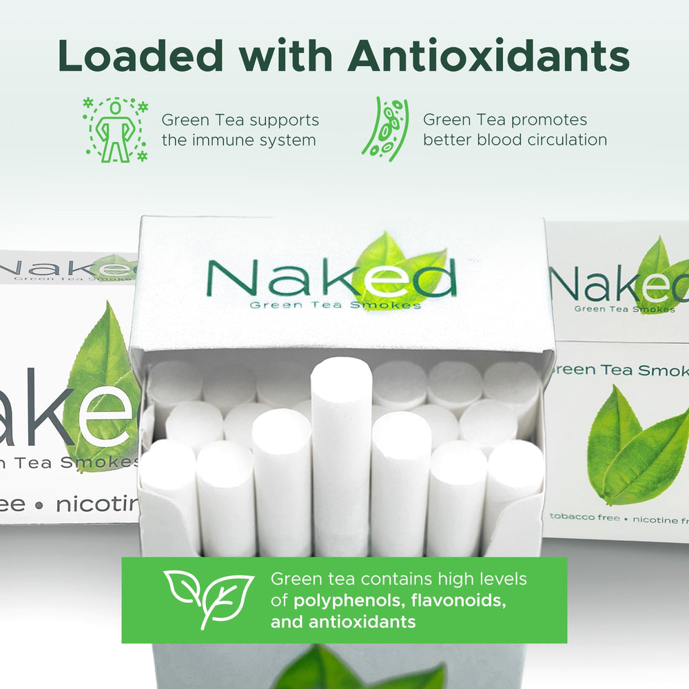 Naked Green Tea Cigarettes Lite cigarettes row showing orderly packaging.