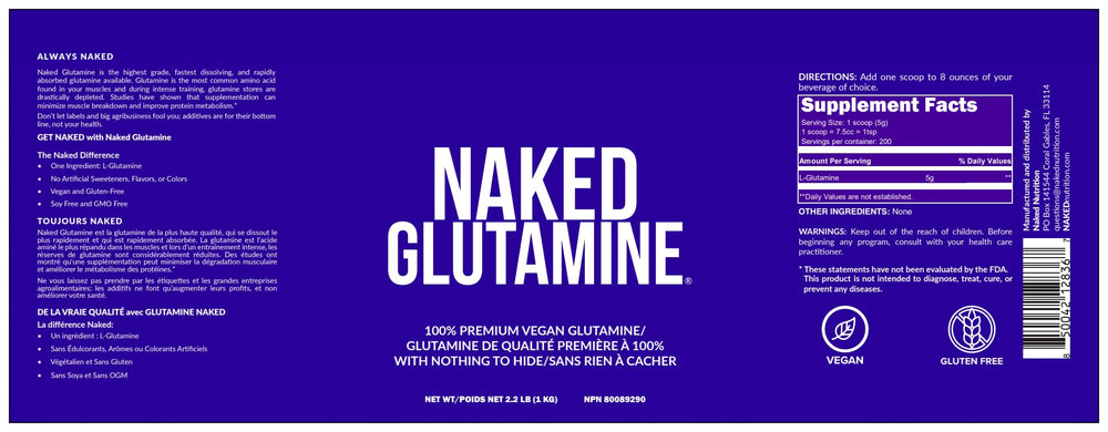 NAKED L-Glutamine label highlights non-GMO and gluten-free.