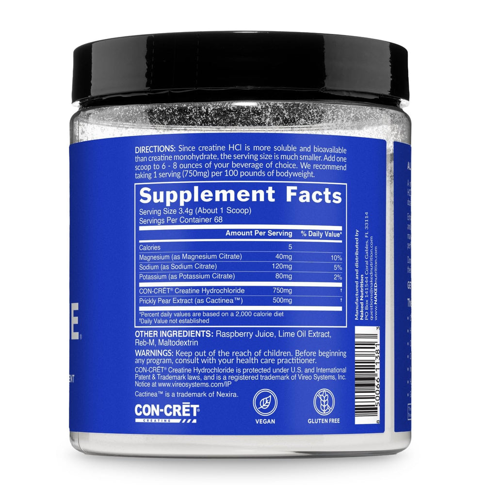 NAKED Lean Creatine HCl product page highlights vegan, gluten-free, and non-GMO claims.
