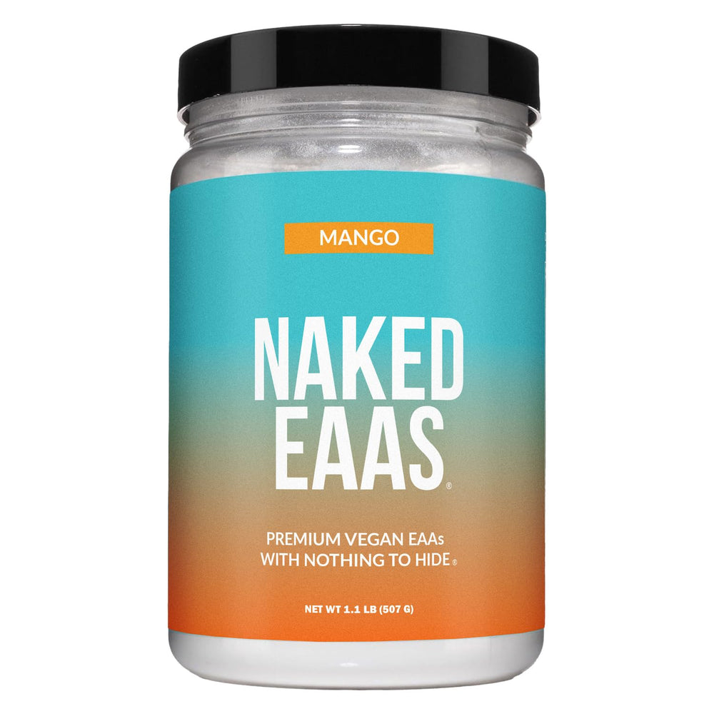 NAKED Mango EAAs tub front highlighting vegan formula and premium quality.