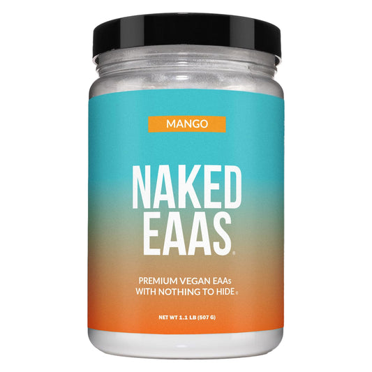 NAKED Mango EAAs tub front highlighting vegan formula and premium quality.