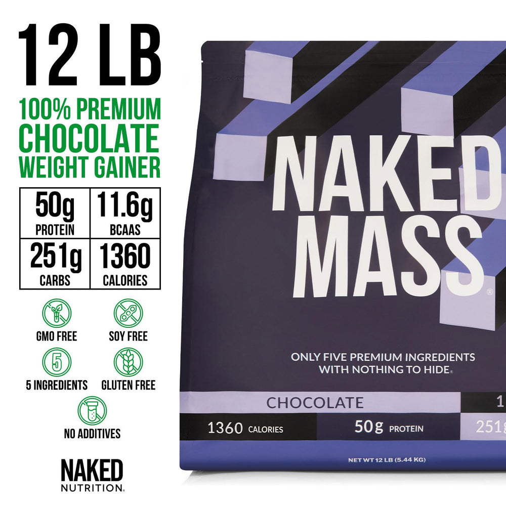 Close-up of NAKED Mass chocolate gainer label with calories information