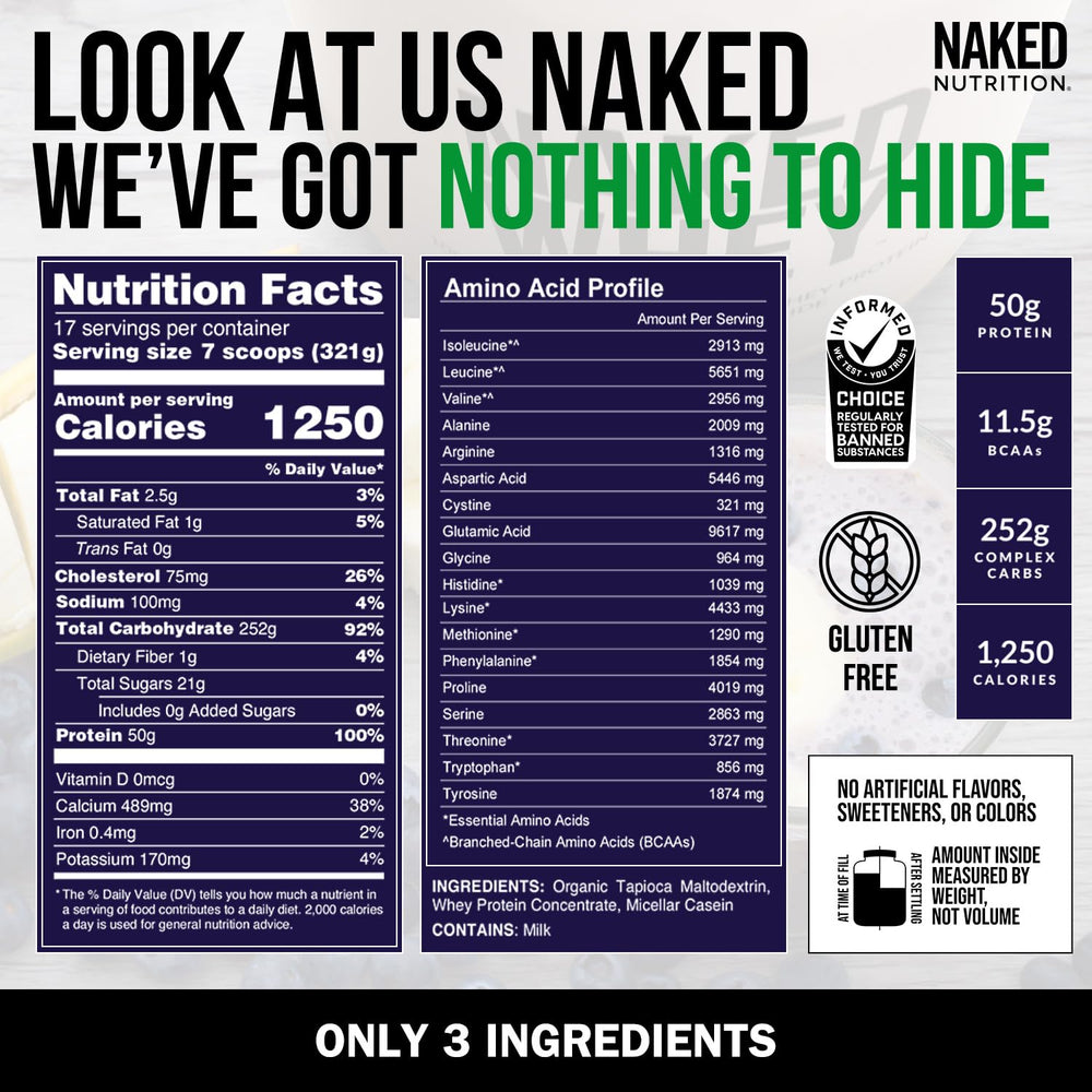 NAKED Mass serving ideas promote smoothies and bars for convenient calorie boosts.