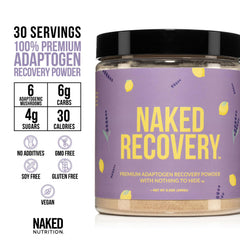 NAKED Recovery mushroom blend display highlighting six adaptogens