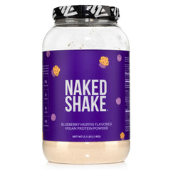 NAKED Shake Blueberry Muffin Powder bottle pour ready for a plant-based shake