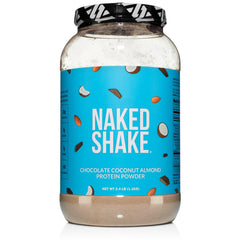 NAKED Shake chocolate coconut almond tub highlights vegan pea protein for a satisfying shake.