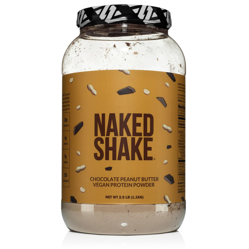 NAKED Shake chocolate peanut butter powder being poured into a glass for a quick plant-based protein boost