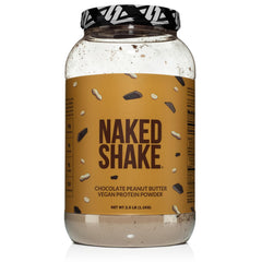 NAKED Shake chocolate peanut butter powder being poured into a glass for a quick plant-based protein boost