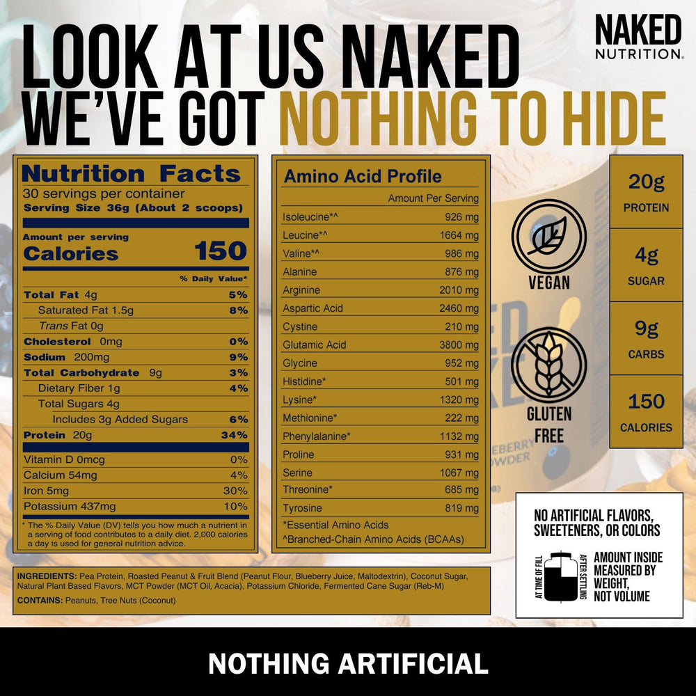 NAKED Shake vegan dairy-free powder beside measuring scoop, emphasizing allergen-friendly protein.