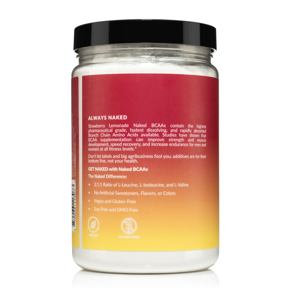 NAKED Strawberry Lemonade BCAAs tub front showing 501 grams and 34 servings.