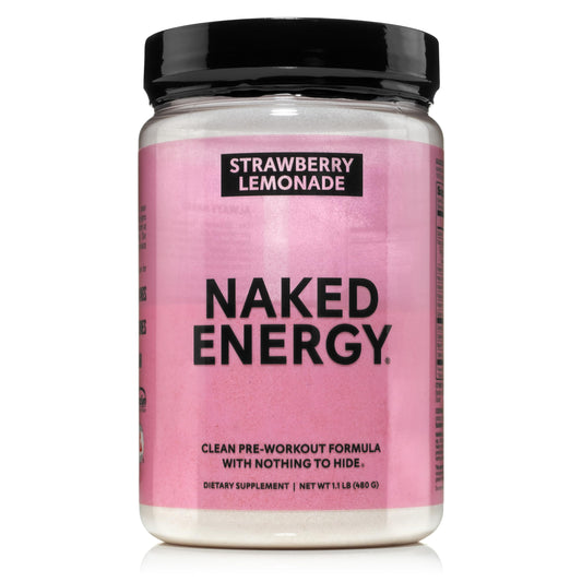 NAKED Strawberry Lemonade Energy bottle pour highlights clean pre-workout energy for workouts.