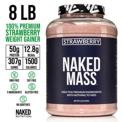 NAKED Strawberry Mass scoop on counter emphasizes easy, quick mix-and-go nutrition