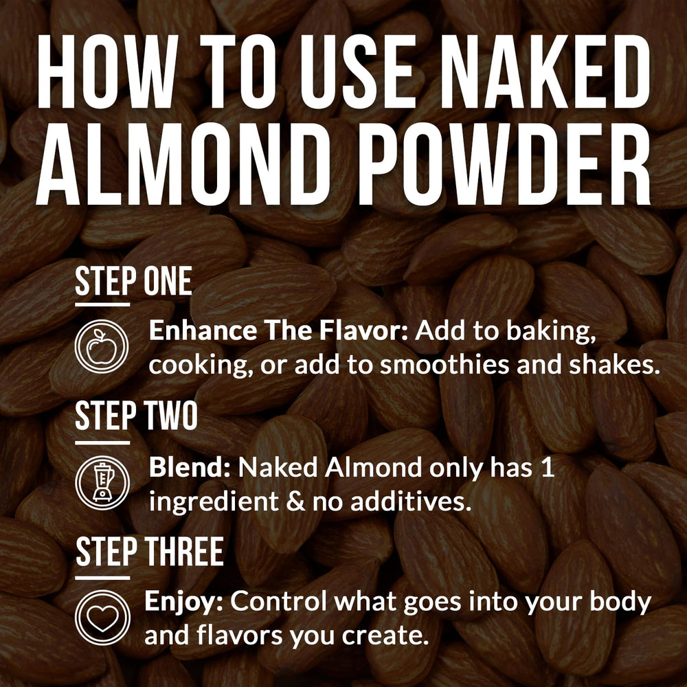 NAKED almond protein powder with third-party testing badge.