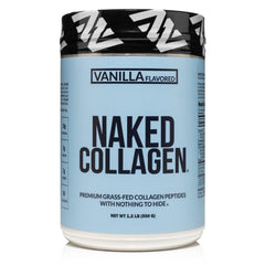 NAKED Vanilla Collagen Peptides tub; tasteless base for hot or cold drinks.