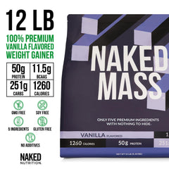 NAKED Vanilla Mass ingredients panel emphasizes gluten-free, GMO-free, and natural components
