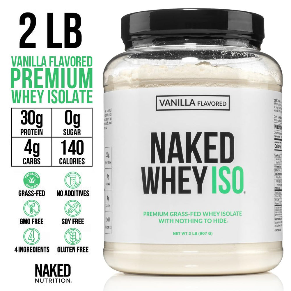 NAKED Vanilla Whey Isolate bottle label highlights four-ingredient formula.