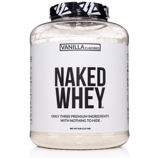 NAKED Vanilla Whey tub front label highlights clean three-ingredient formula for post-workout.