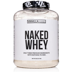 NAKED Vanilla Whey tub front label highlights clean three-ingredient formula for post-workout.