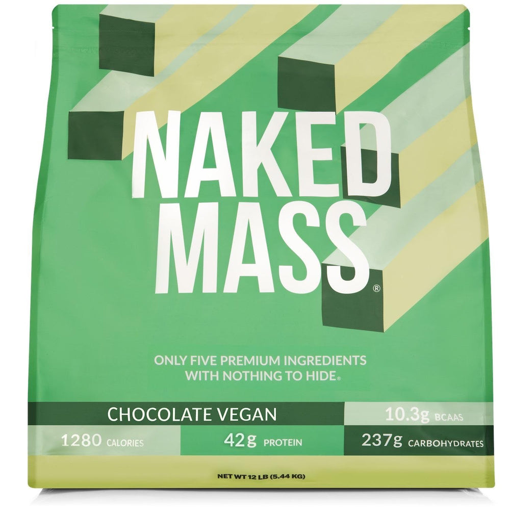 NAKED Vegan Mass chocolate tub front view shows bulk protein for active athletes.
