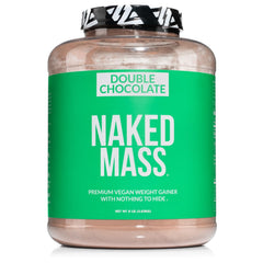 NAKED Vegan Mass double chocolate container highlights clean, non-GMO nutrition for steady weight support.