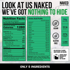 NAKED Vegan Mass nutrition facts label for high-calorie vegan protein choice.