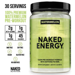 NAKED Watermelon Energy tub side view, compact packaging and ingredients visible.