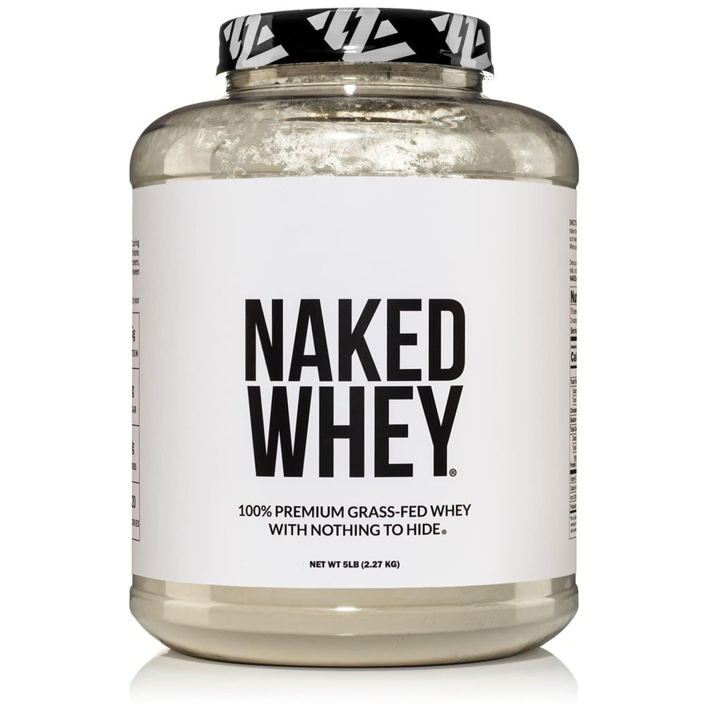 NAKED Whey bag and scoop illustrate pure, additive-free protein for quick shakes.