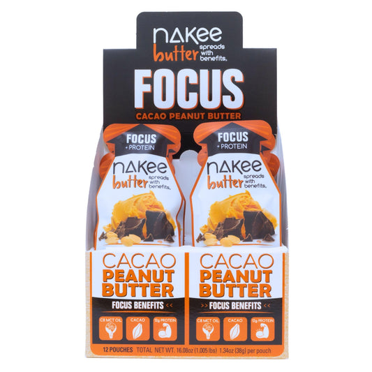 Nakee Butter Focus cacao peanut butter pack shows protein-packed on-the-go fueling.