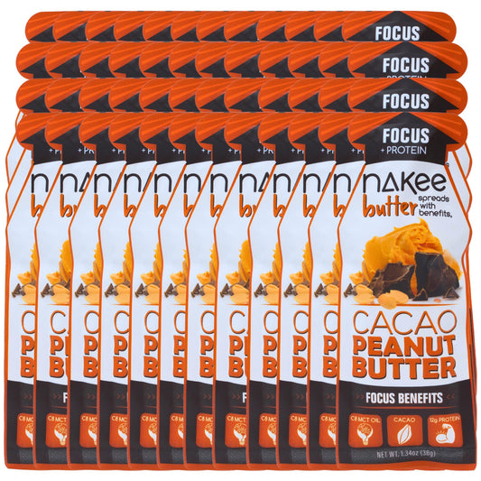 Nakee Butter Focus cacao peanut butter pouch for on-the-go energy during winter hikes.