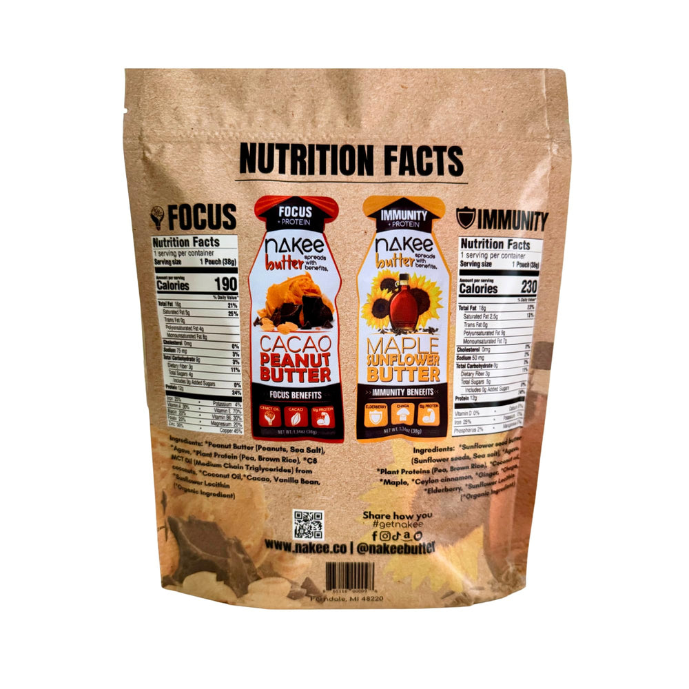 Nakee Butter Focus pouch close-up highlighting mental focus support.