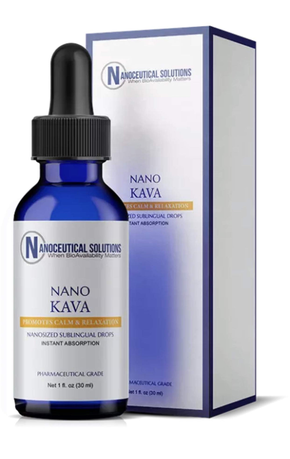 Nano KAVA bottle with dropper showing fast-absorbing liquid for mood support