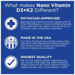 Nanoceutical Solutions Nano Vitamin D3+K2 bottle angled view shows quick absorption.