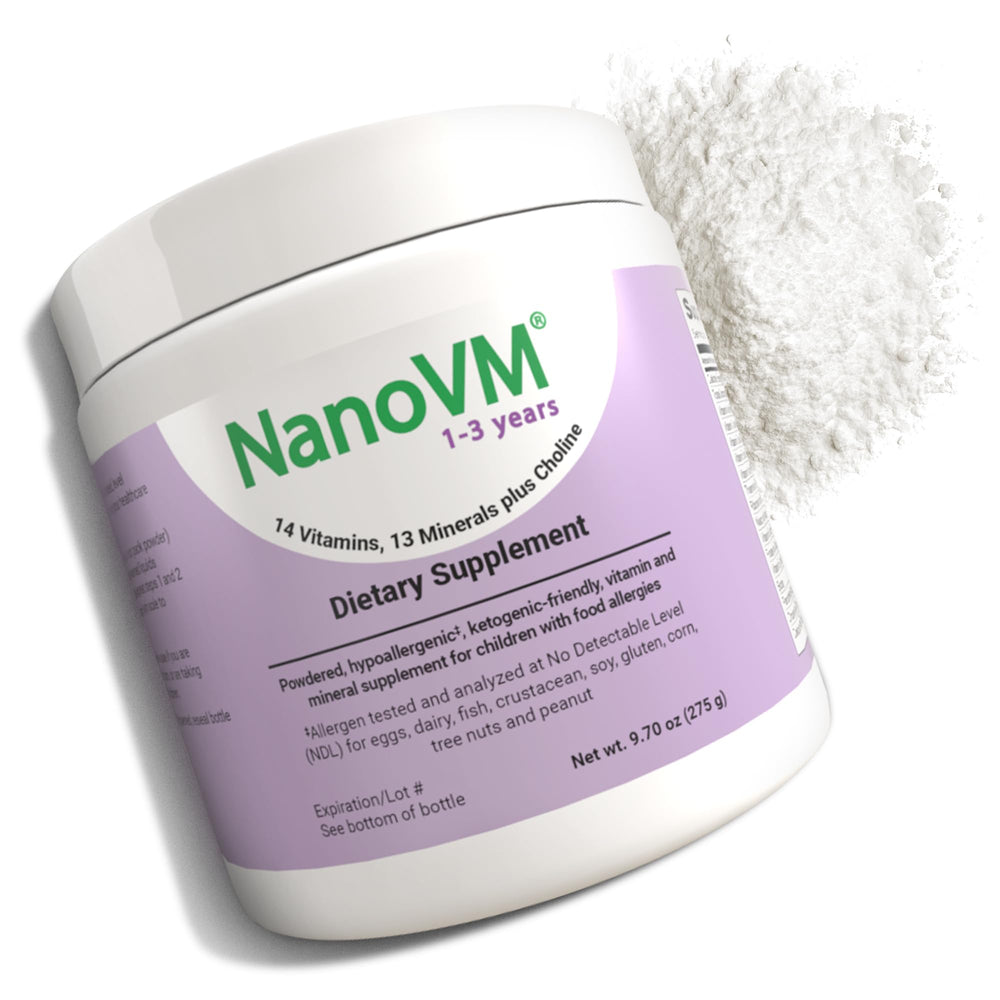 NanoVM allergen-free multivitamin bottle for 1-3 years.