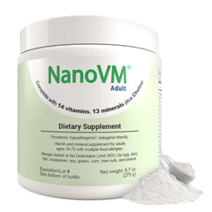 NanoVM adult allergen-free bottle showcases safe daily vitamins for diverse diets and routine supplementation.