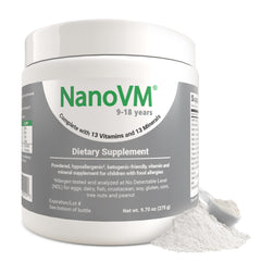 NanoVM kids multivitamin bottle showing allergen-free formula for daily nutrition.