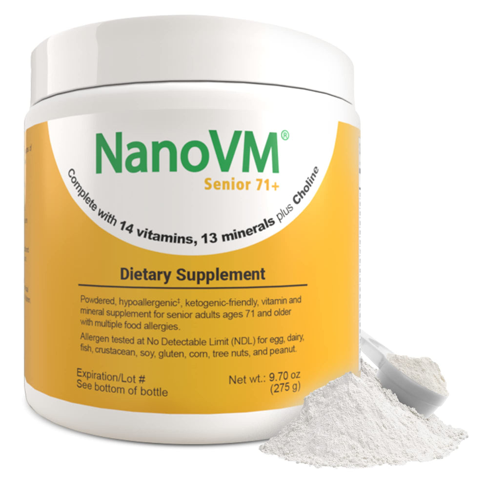 NanoVM Senior 71+ bottle front, allergen-free vitamins for daily wellness