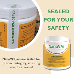 NanoVM Senior 71+ nutrition facts panel highlights 14 vitamins and 13 minerals