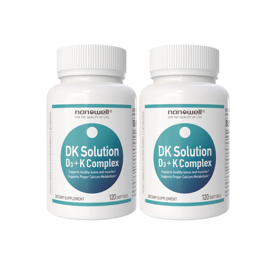 NANOWELL DK Solution bottle front highlighting Vitamin D3 and K for bone support