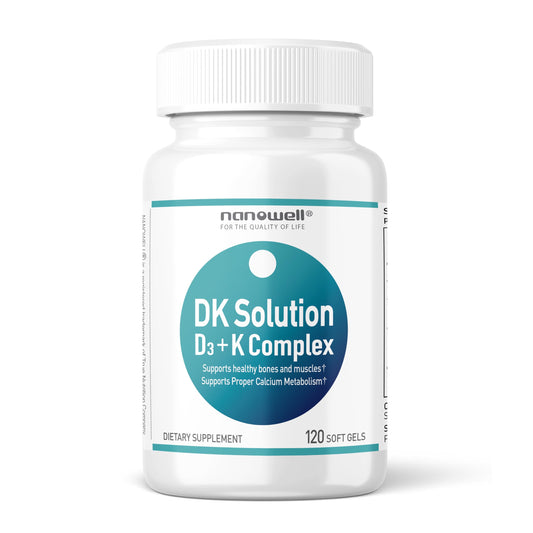 NANOWELL DK Solution bottle front highlighting D3 + K2 bone support.