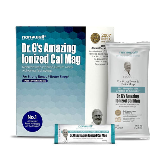 NANOWELL Dr. G ionized Cal Mag powder bottle highlights convenient daily use with absorption potential.
