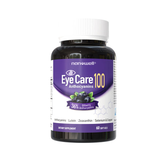 Nanowell EyeCare Anthocyanins softgel bottle supports eye health