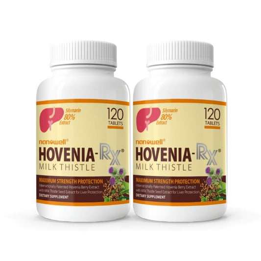 NANOWELL Hovenia-RX bottle showing a two-month liver support routine