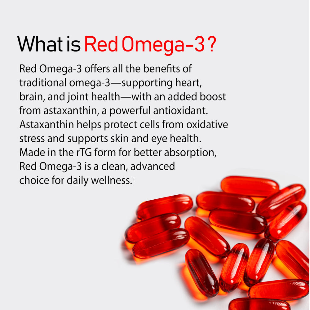 NANOWELL Red Omega-3 label with astaxanthin, emphasizing antioxidant-rich formulation