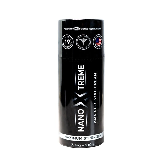 Nanoxtreme Pain Relief Cream bottle pump for targeted relief on sore areas.