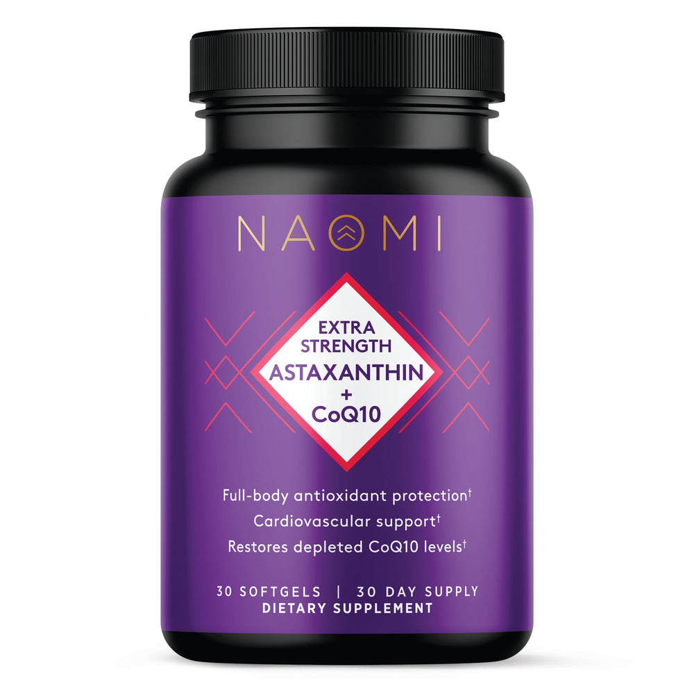 NAOMI Extra Strength Astaxanthin + CoQ10 bottle demonstrates potent antioxidants for daily energy support.