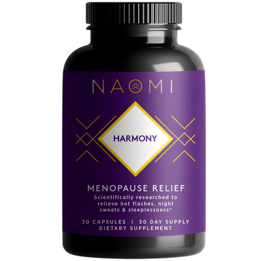 NAOMI Harmony bottle label highlights menopause relief benefits for everyday wellness
