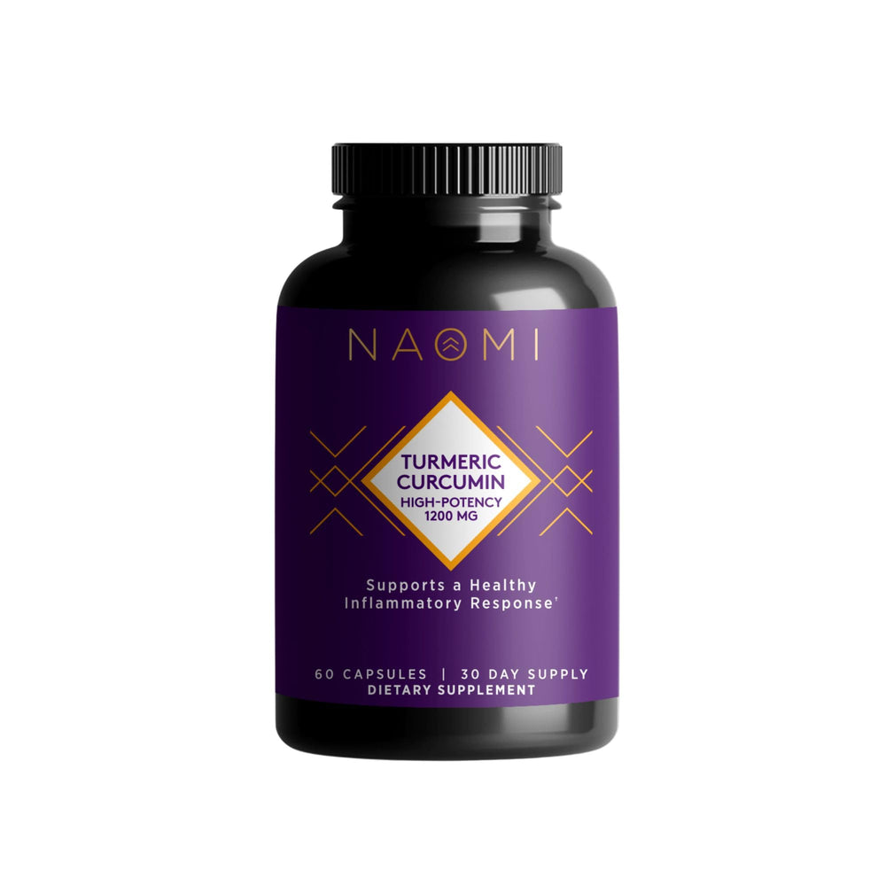 NAOMI Turmeric Curcumin bottle label highlighting high potency for daily wellness.