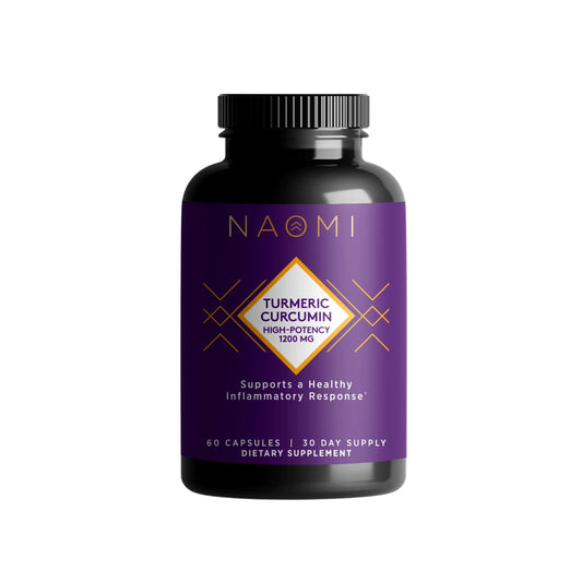 NAOMI Turmeric Curcumin bottle label highlighting high potency for daily wellness.