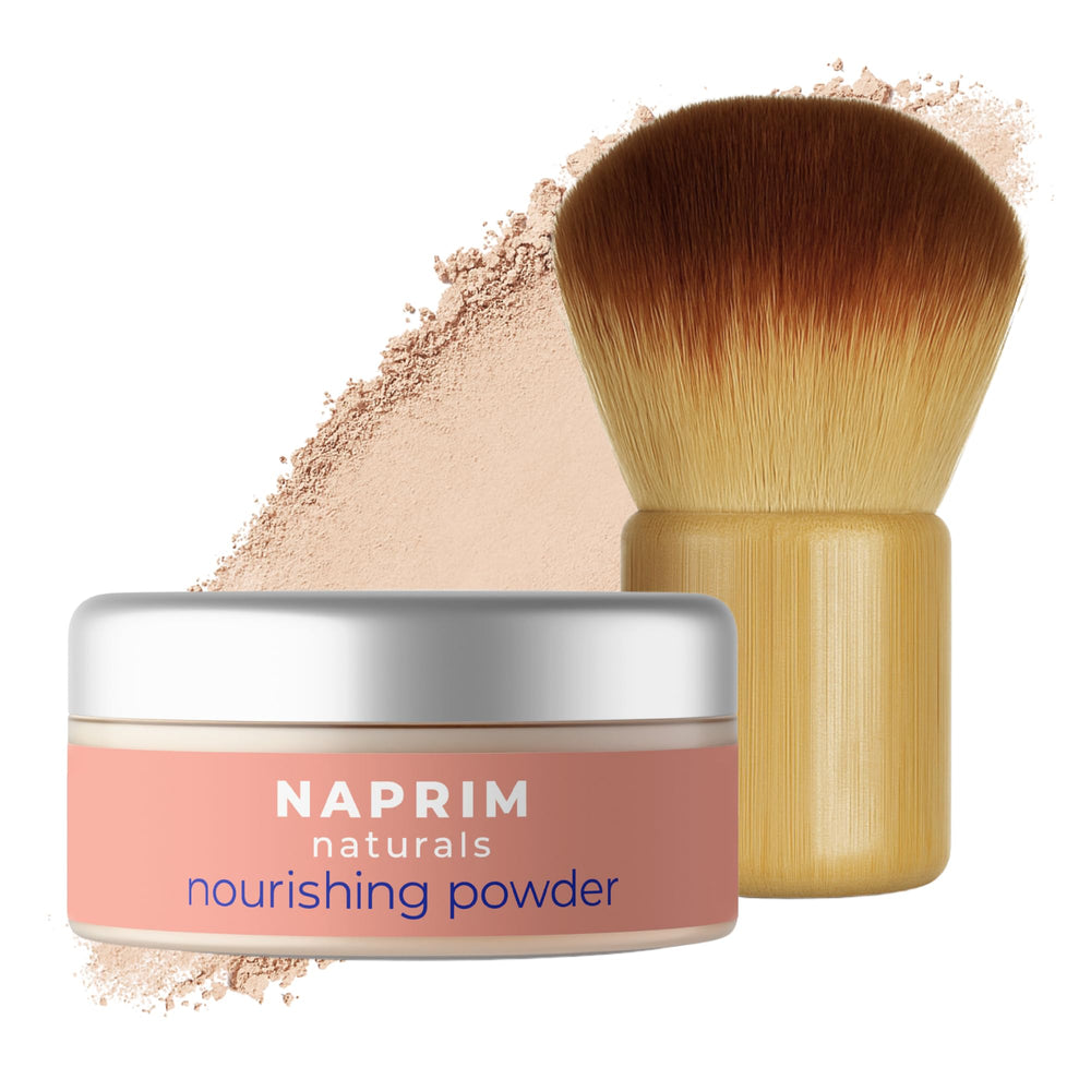 Naprim Naturals Nourishing Powder bottle front showing talc-free formula for irritated skin